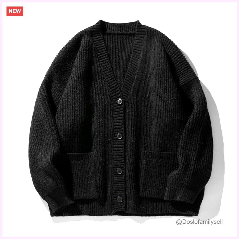 Men's Cable Knit Cardigan Sweater, V-Neck, Long Sleeve, Oversized Streetwear - Picture 3 of 7